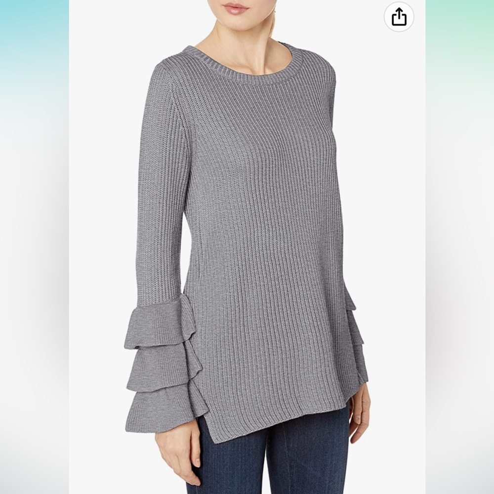 Gray Calvin Klein Crewneck Sweater with 3 Ruffle Sleeve
